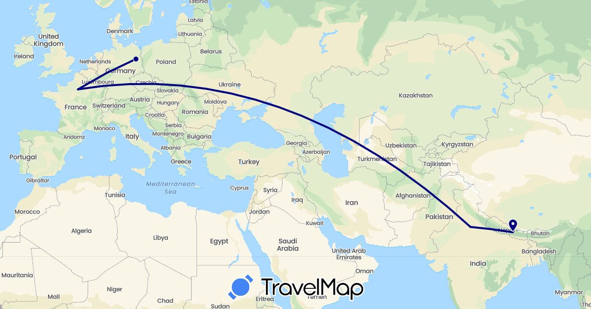 TravelMap itinerary: driving in Germany, France, India, Nepal (Asia, Europe)